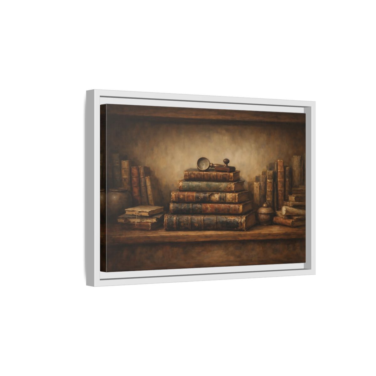 Side Mockup 4. Vintage Antique Books Brown Bookshelf shown as stretched canvas wall art