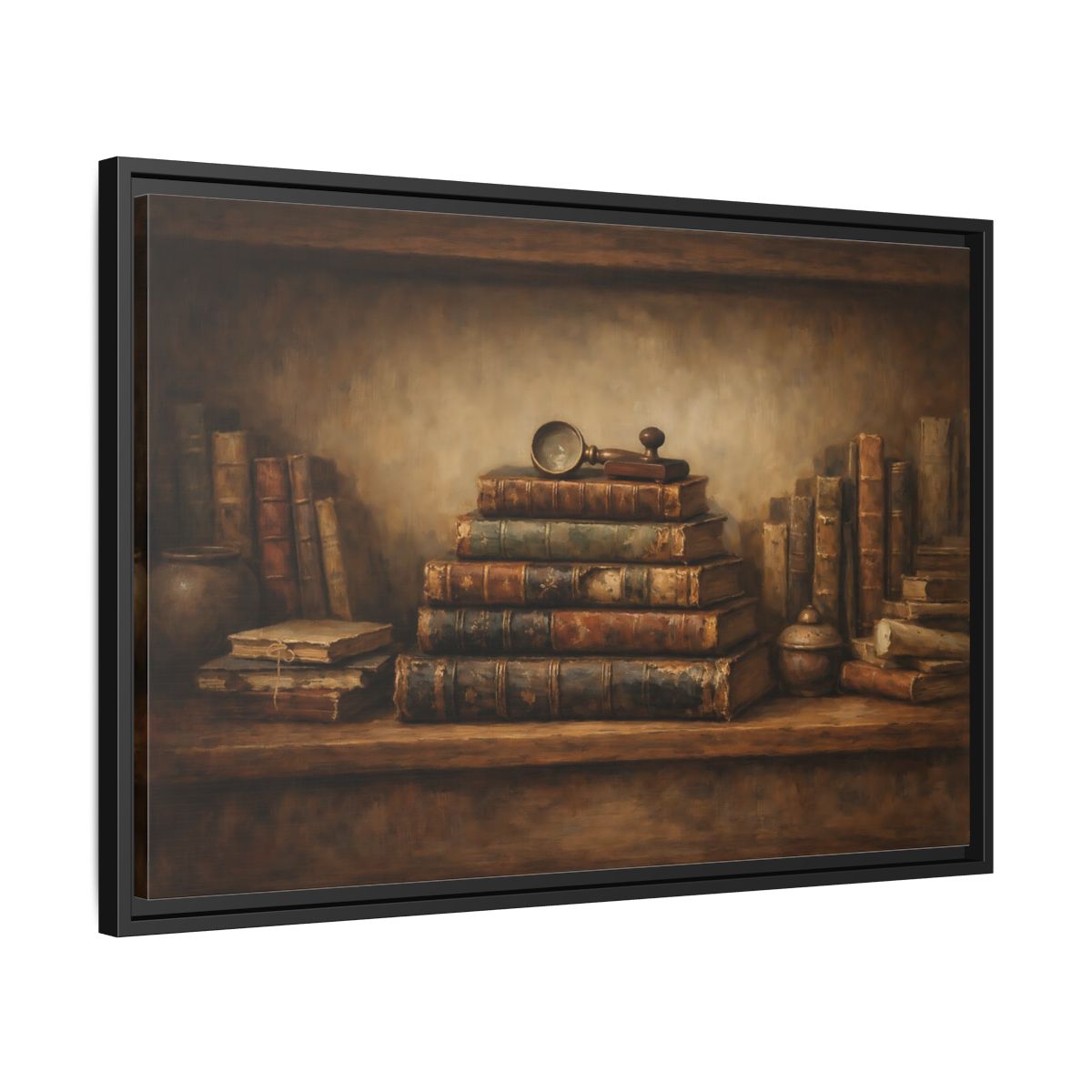 Side Mockup 14. Vintage Antique Books Brown Bookshelf shown as stretched canvas wall art
