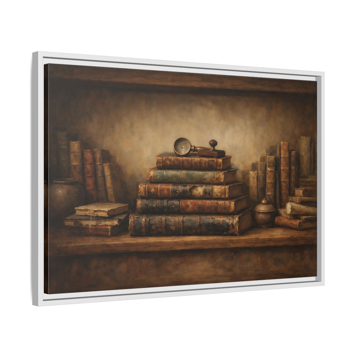 Side Mockup 10. Vintage Antique Books Brown Bookshelf shown as stretched canvas wall art