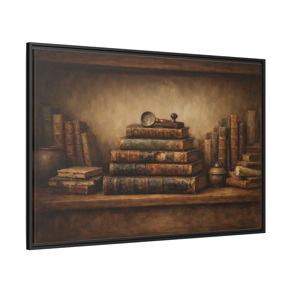 Side Mockup 12. Vintage Antique Books Brown Bookshelf shown as stretched canvas wall art