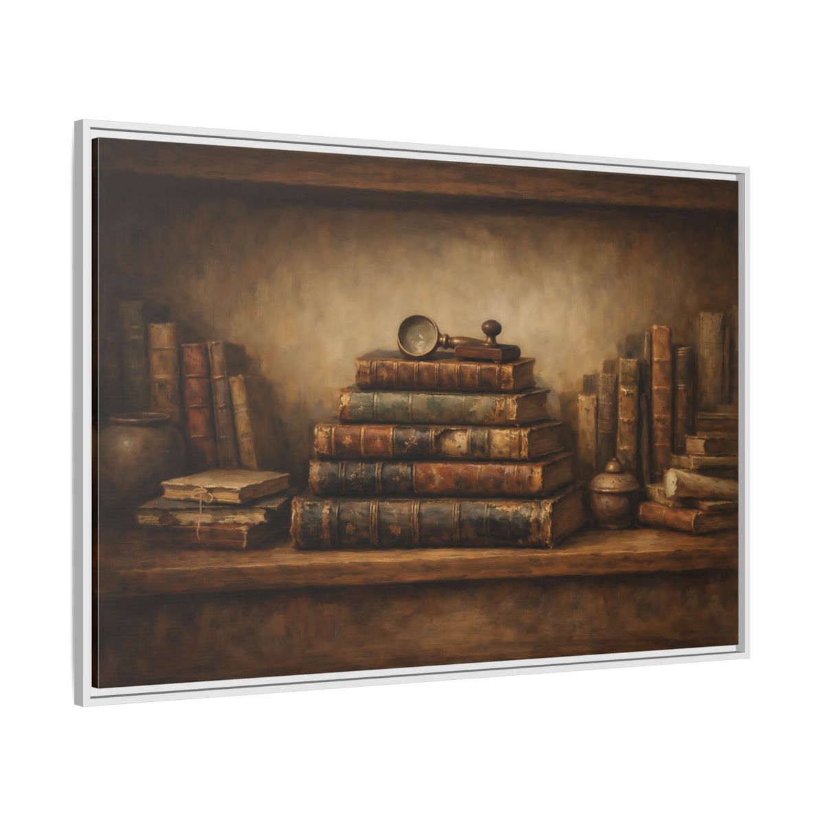 Side Mockup 7. Vintage Antique Books Brown Bookshelf shown as stretched canvas wall art
