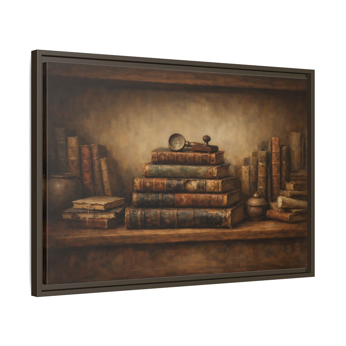 Side Mockup 11. Vintage Antique Books Brown Bookshelf shown as stretched canvas wall art