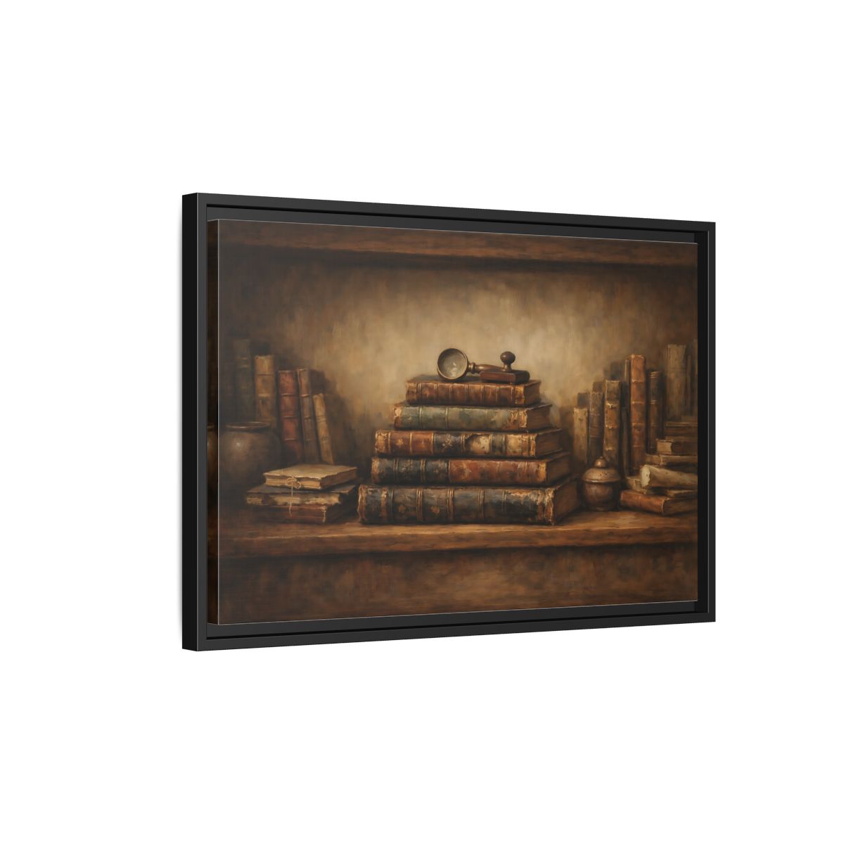 Side Mockup 3. Vintage Antique Books Brown Bookshelf shown as stretched canvas wall art
