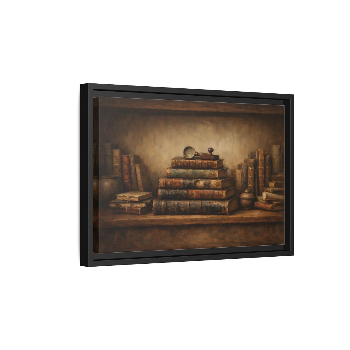 Side Mockup 6. Vintage Antique Books Brown Bookshelf shown as stretched canvas wall art