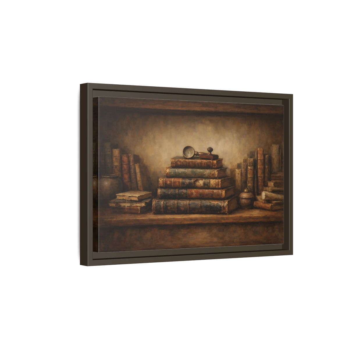 Side Mockup 5. Vintage Antique Books Brown Bookshelf shown as stretched canvas wall art