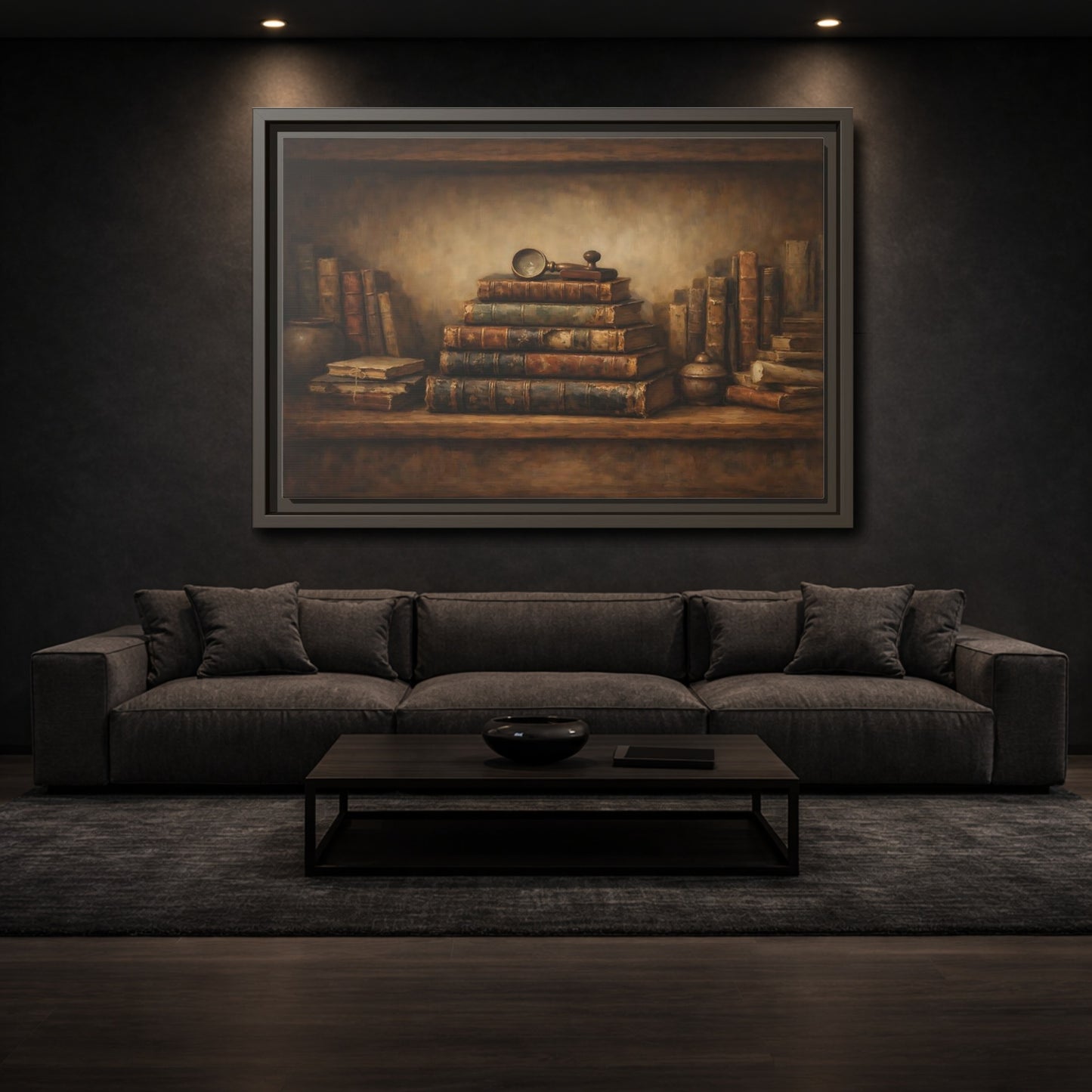 Mockup 2. Vintage Antique Books Brown Bookshelf shown as stretched canvas wall art
