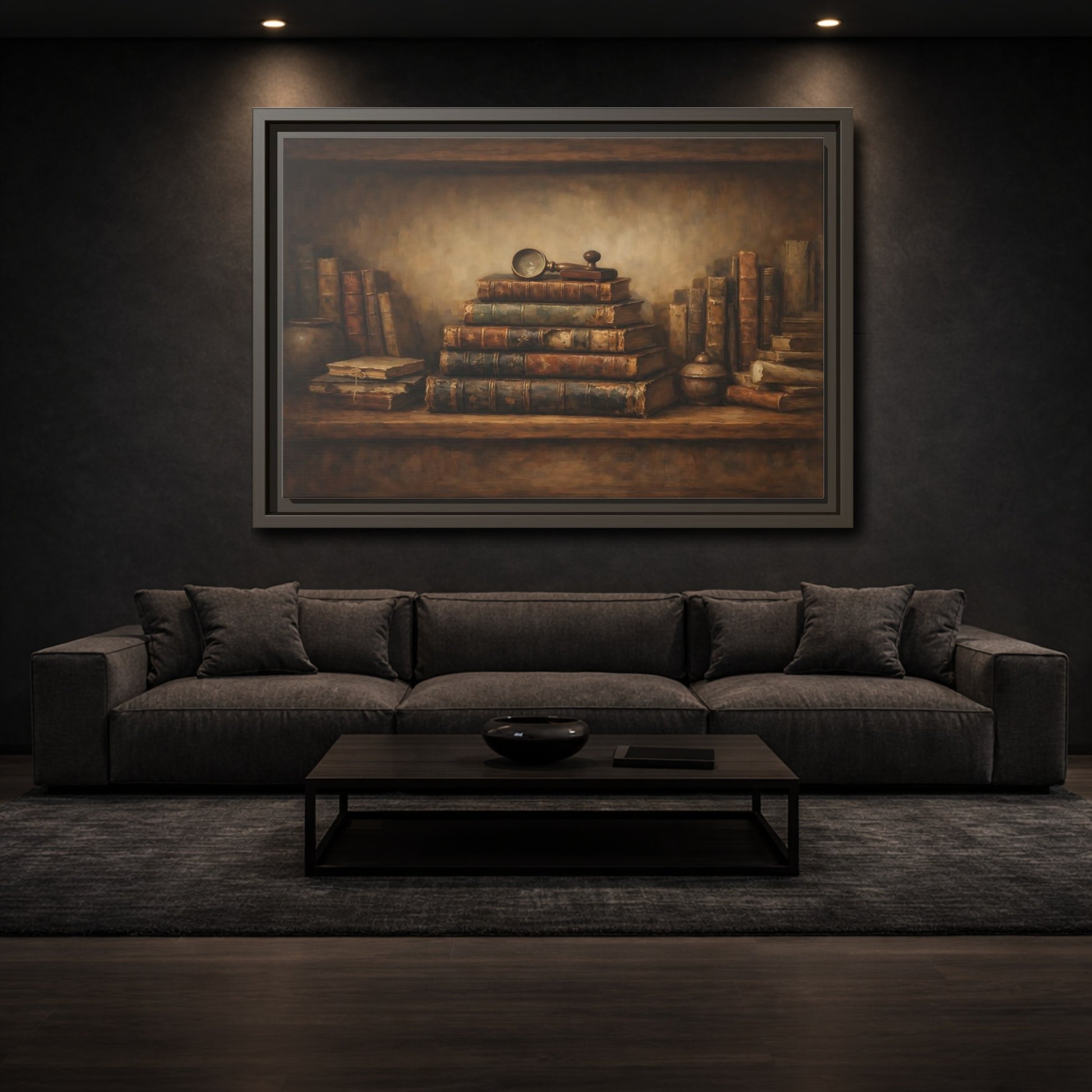 Mockup 2. Vintage Antique Books Brown Bookshelf shown as stretched canvas wall art