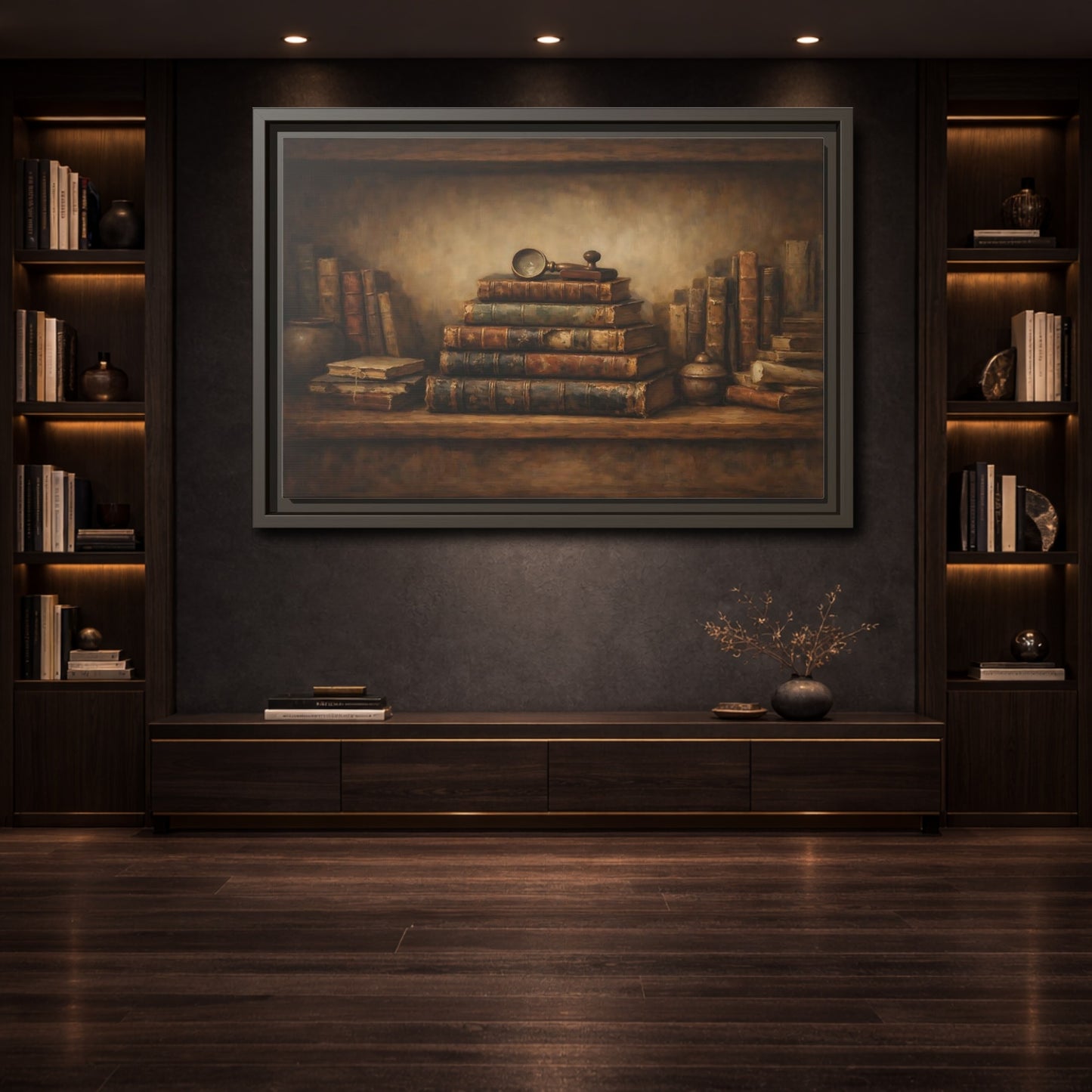 Mockup 3. Vintage Antique Books Brown Bookshelf shown as stretched canvas wall art