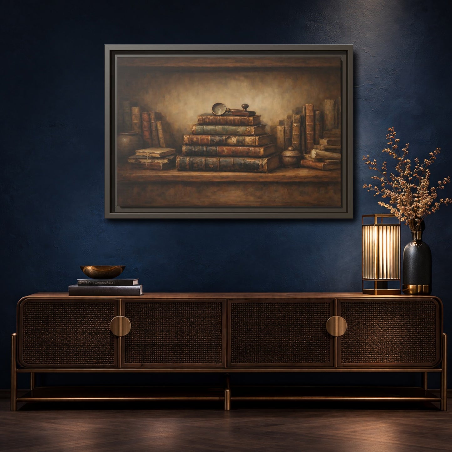 Mockup 4. Vintage Antique Books Brown Bookshelf shown as stretched canvas wall art