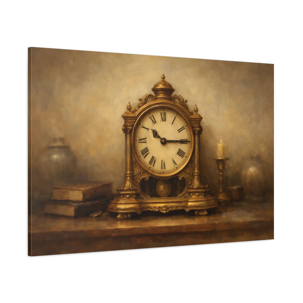 Main Mockup. Vintage Antique Clock Gold And Brown shown as stretched canvas wall art