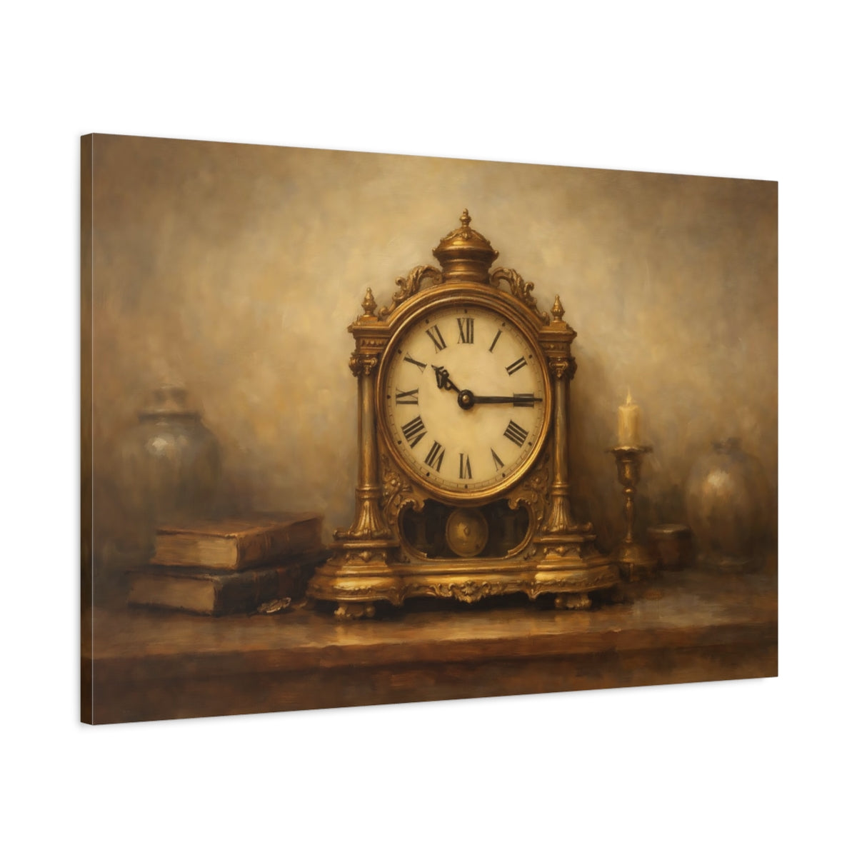 Side Mockup 1. Vintage Antique Clock Gold And Brown shown as stretched canvas wall art