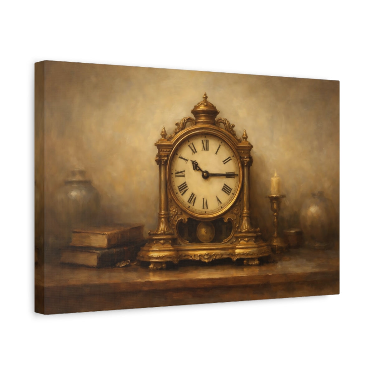 Side Mockup 4. Vintage Antique Clock Gold And Brown shown as stretched canvas wall art