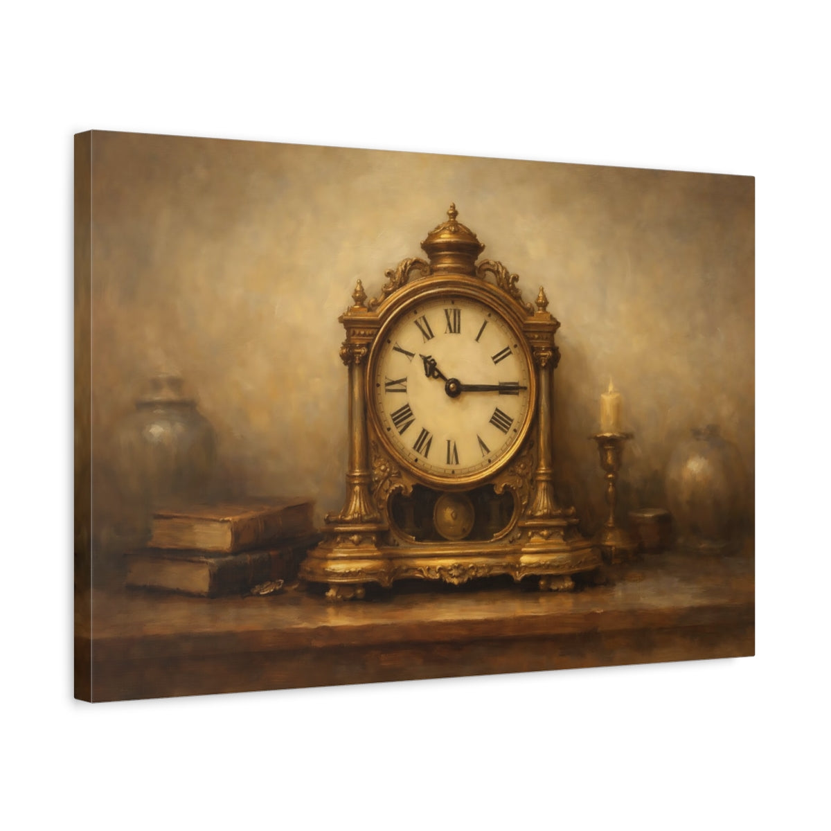 Side Mockup 3. Vintage Antique Clock Gold And Brown shown as stretched canvas wall art