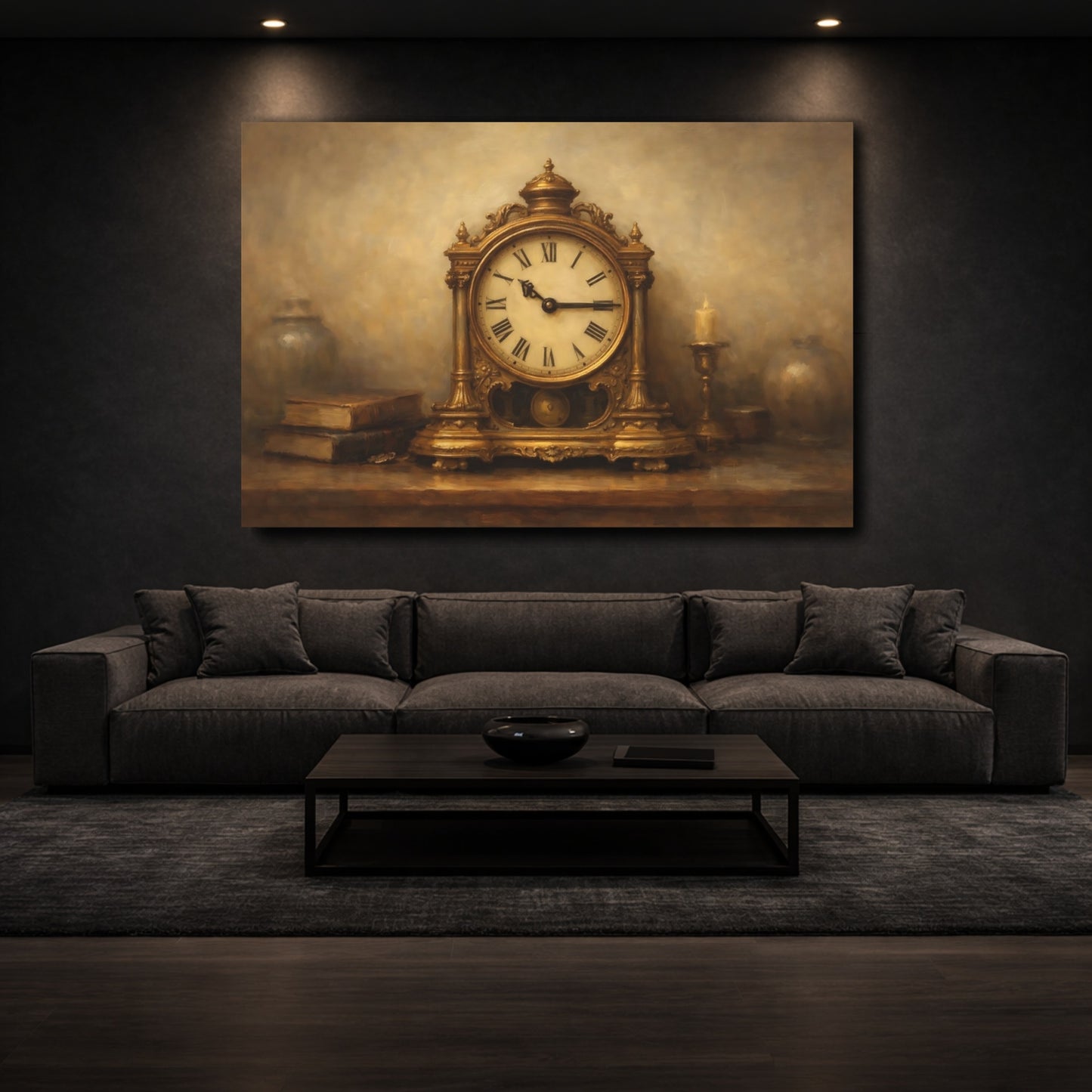 Mockup 2. Vintage Antique Clock Gold And Brown shown as stretched canvas wall art