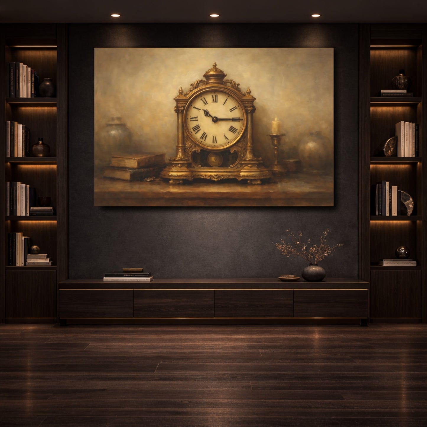 Mockup 3. Vintage Antique Clock Gold And Brown shown as stretched canvas wall art
