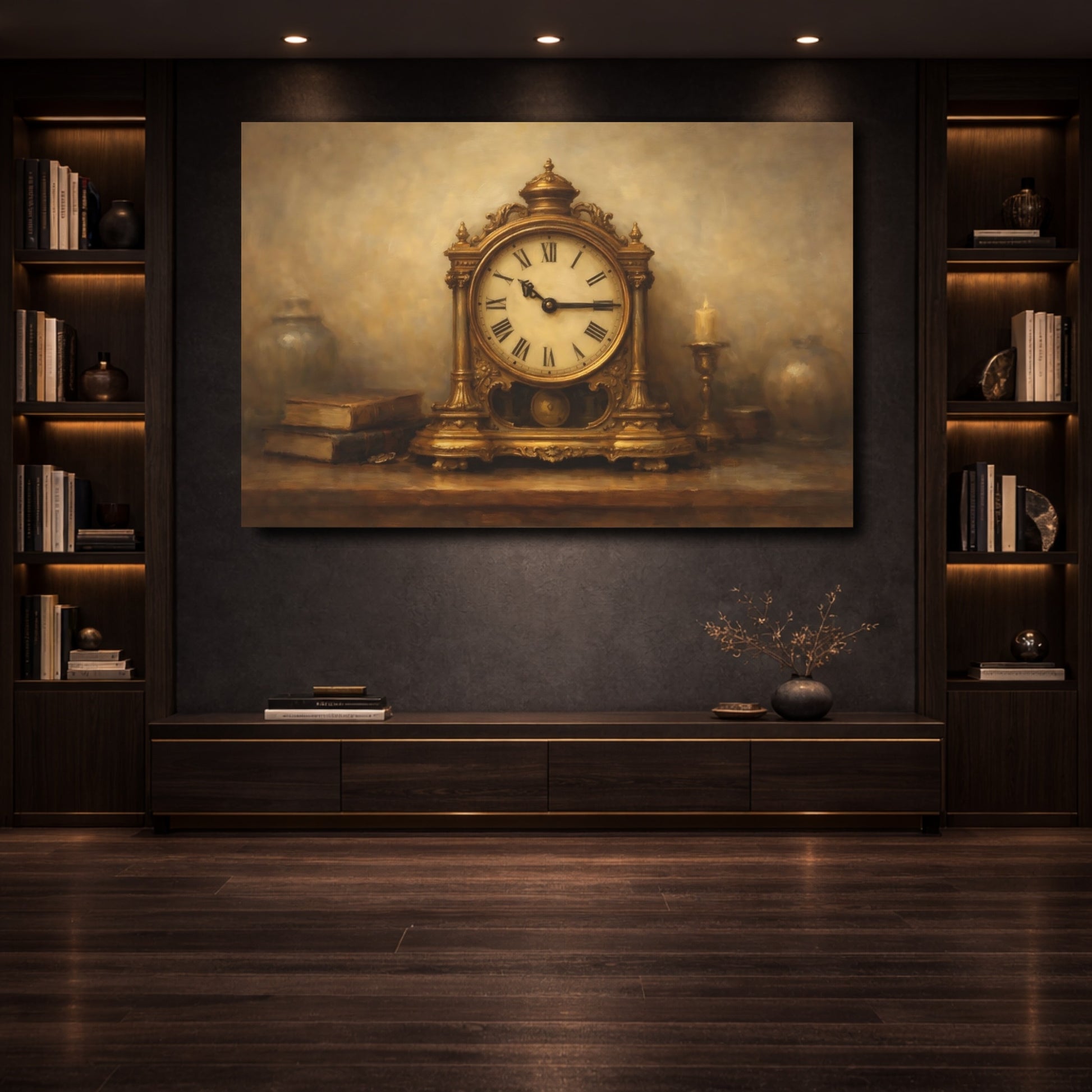 Mockup 3. Vintage Antique Clock Gold And Brown shown as stretched canvas wall art