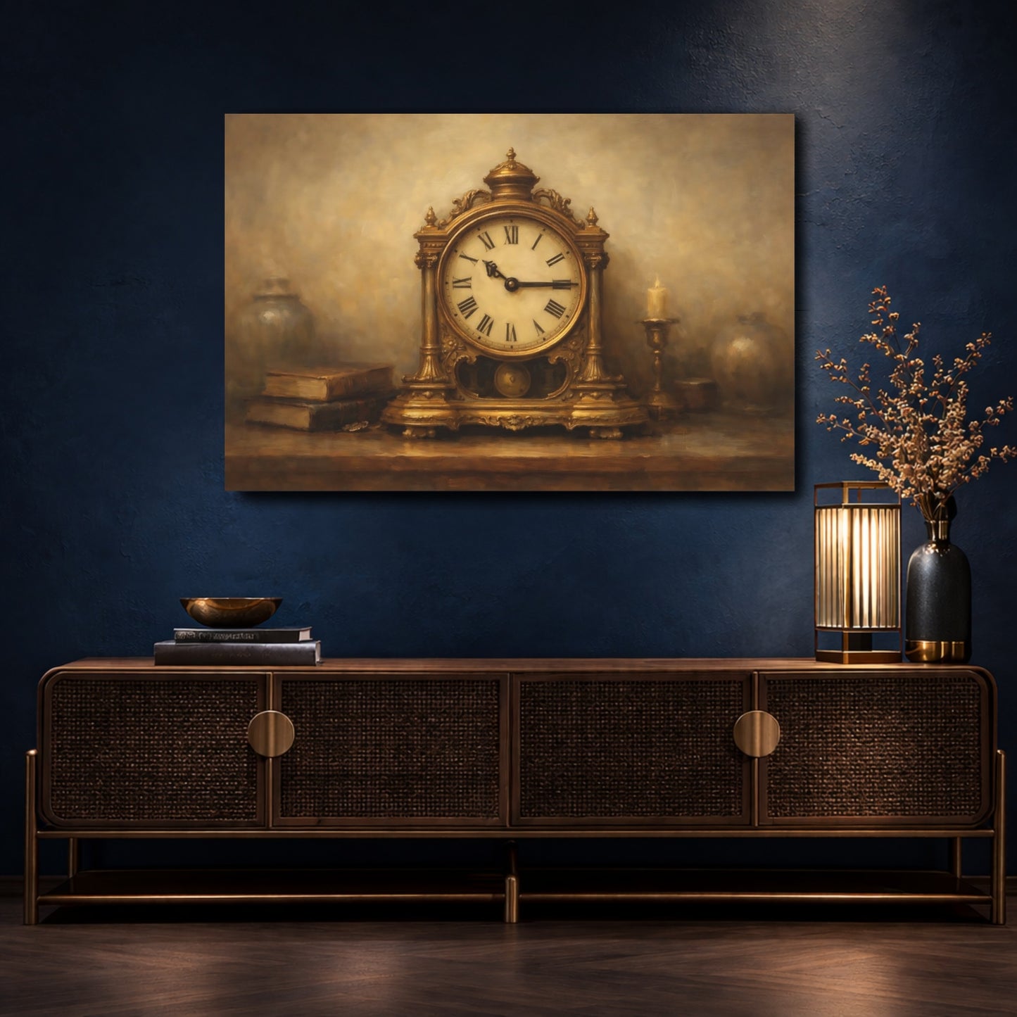 Mockup 4. Vintage Antique Clock Gold And Brown shown as stretched canvas wall art