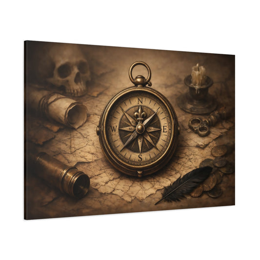 Vintage Antique Compass Vintage Nautical Exploration shown as stretched canvas wall art
