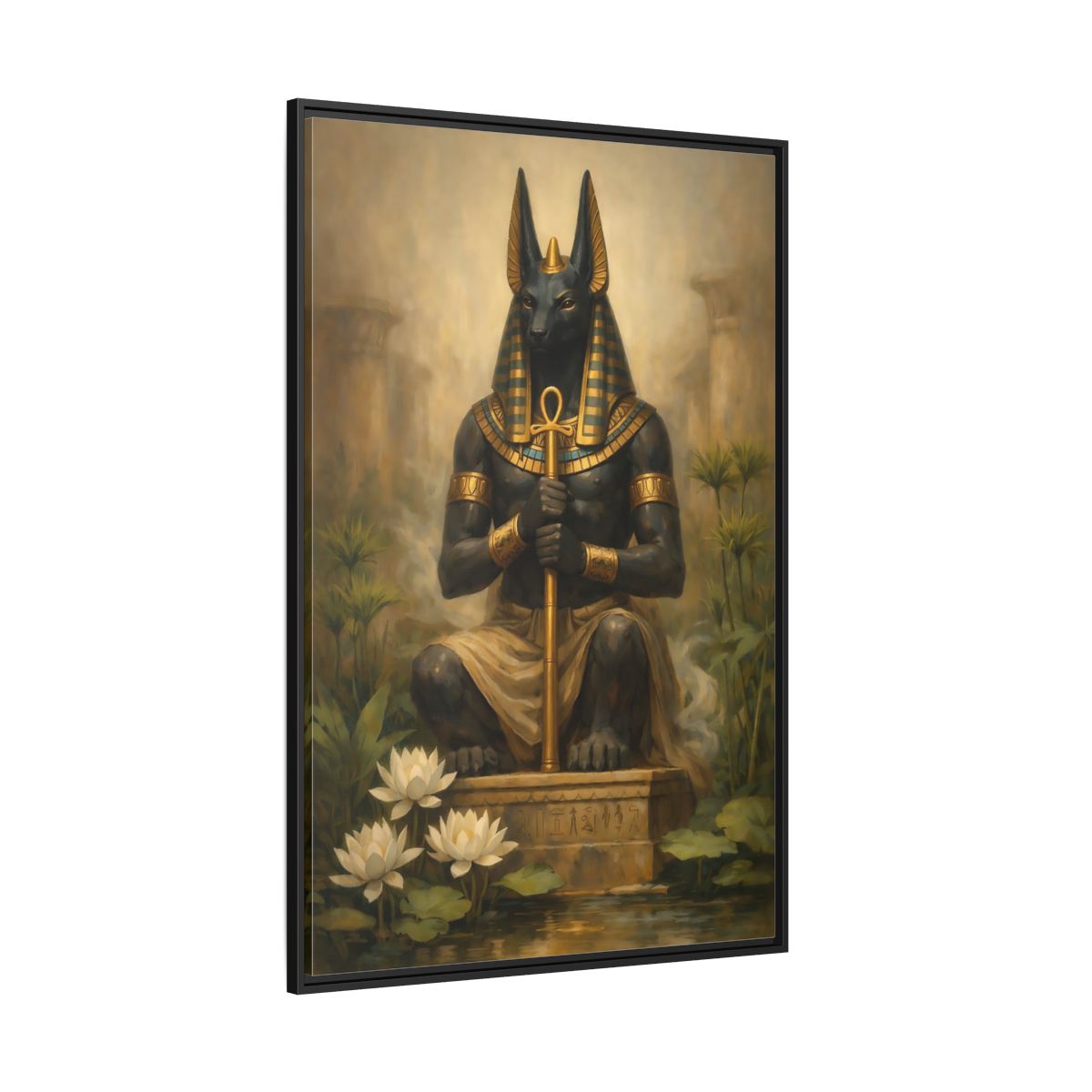 Main Mockup. Vintage Anubis Golden Anubis shown as stretched canvas wall art