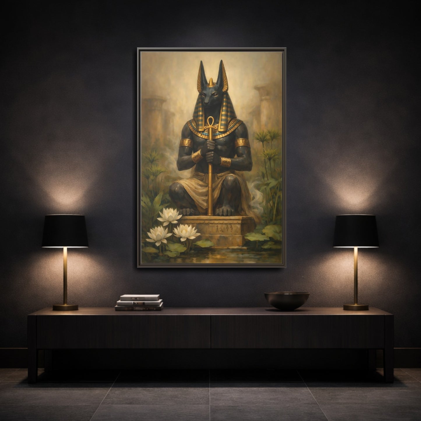 Mockup 2. Vintage Anubis Golden Anubis shown as stretched canvas wall art