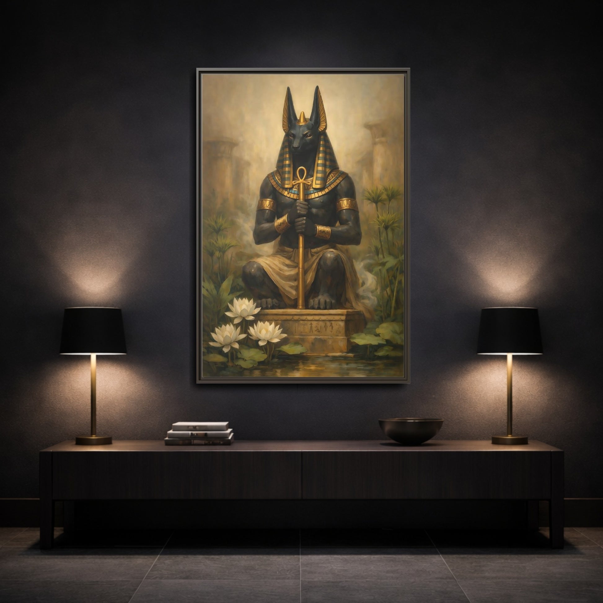 Mockup 2. Vintage Anubis Golden Anubis shown as stretched canvas wall art
