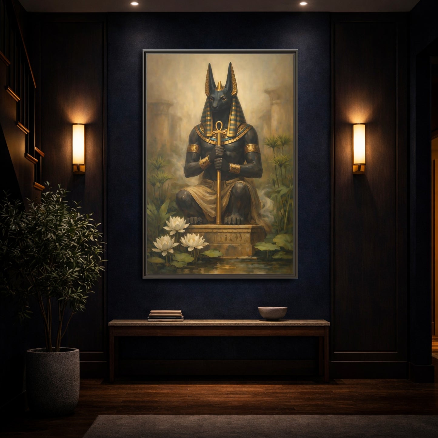 Mockup 3. Vintage Anubis Golden Anubis shown as stretched canvas wall art