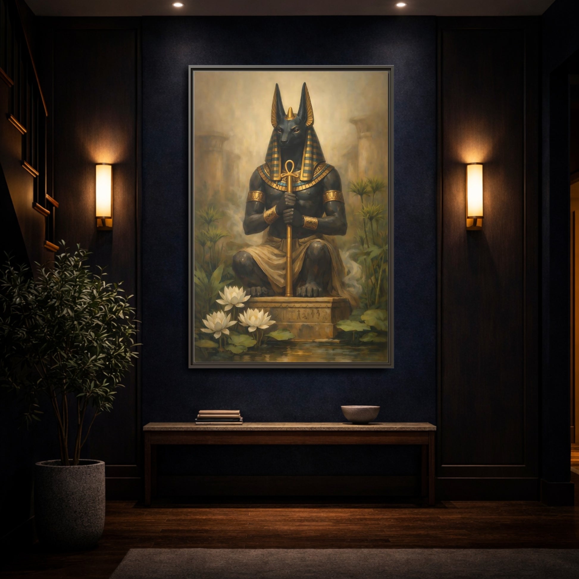 Mockup 3. Vintage Anubis Golden Anubis shown as stretched canvas wall art