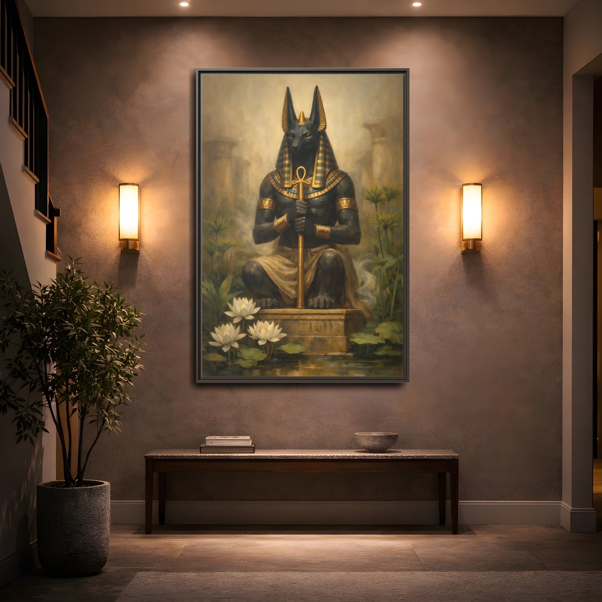 Mockup 4. Vintage Anubis Golden Anubis shown as stretched canvas wall art