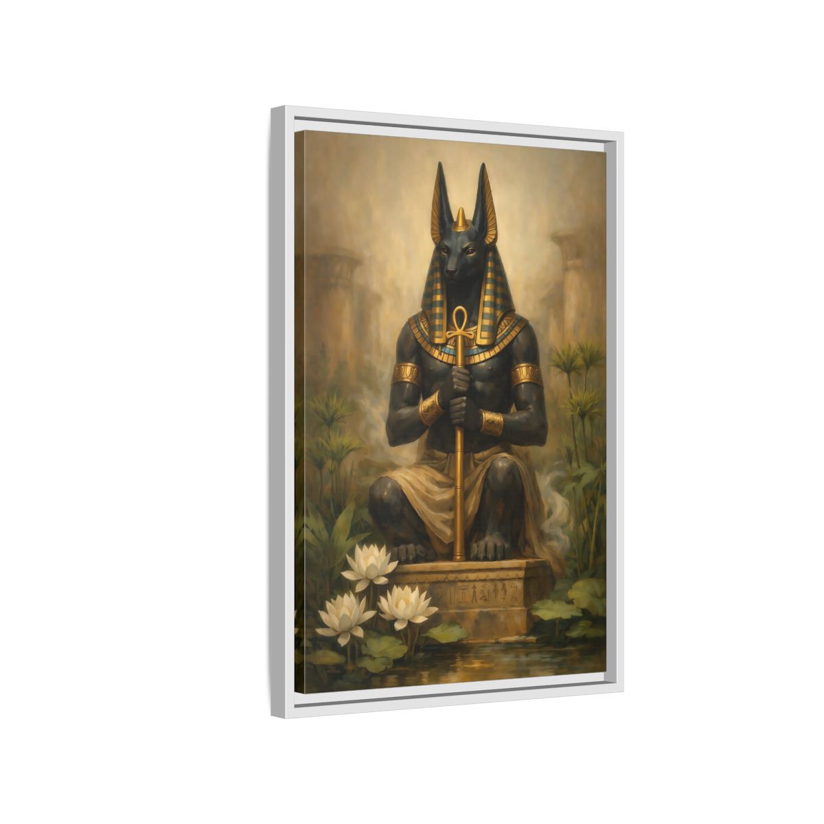 Side Mockup 1. Vintage Anubis Golden Anubis shown as stretched canvas wall art