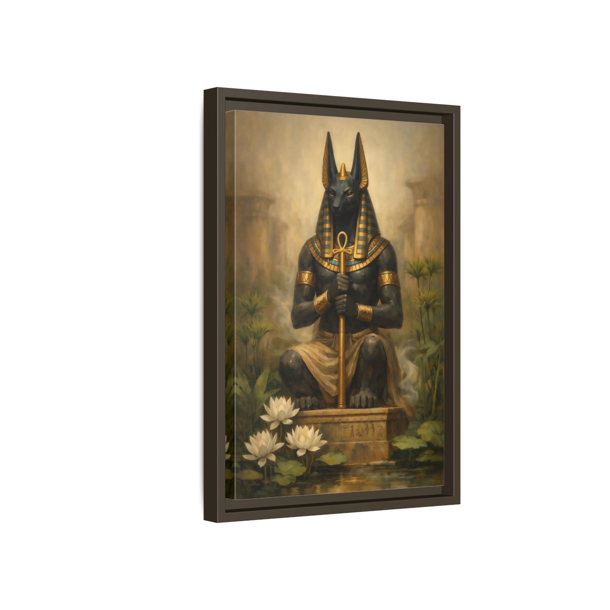 Side Mockup 5. Vintage Anubis Golden Anubis shown as stretched canvas wall art