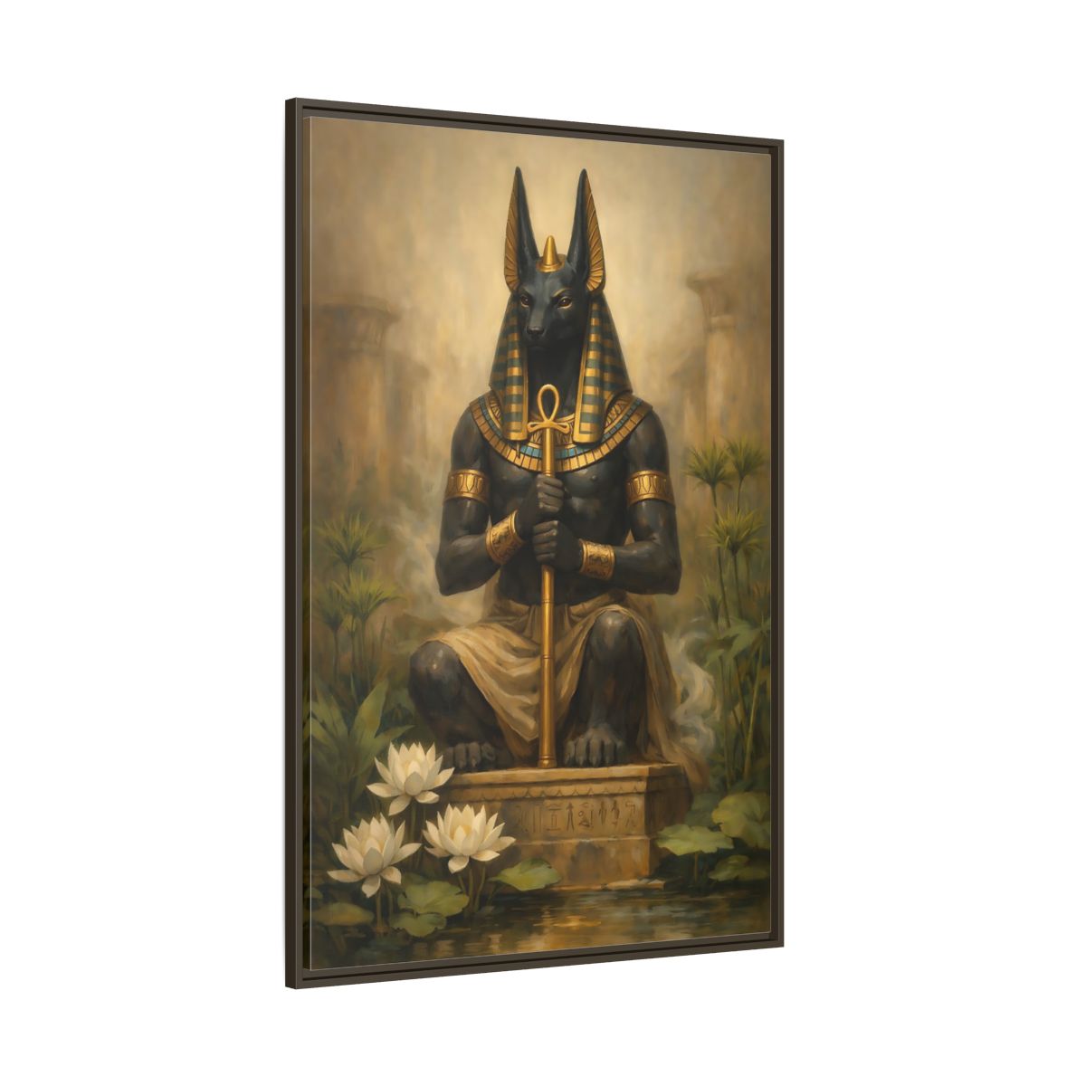Side Mockup 8. Vintage Anubis Golden Anubis shown as stretched canvas wall art