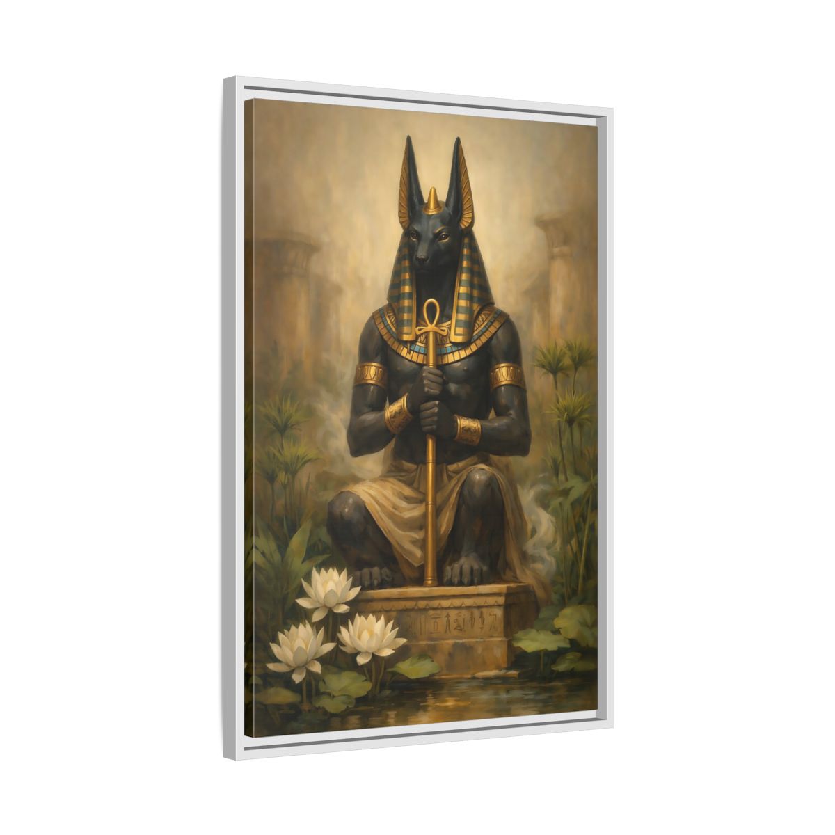 Side Mockup 11. Vintage Anubis Golden Anubis shown as stretched canvas wall art