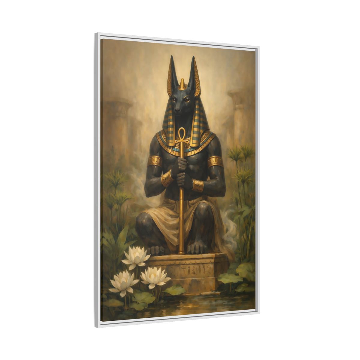 Side Mockup 7. Vintage Anubis Golden Anubis shown as stretched canvas wall art