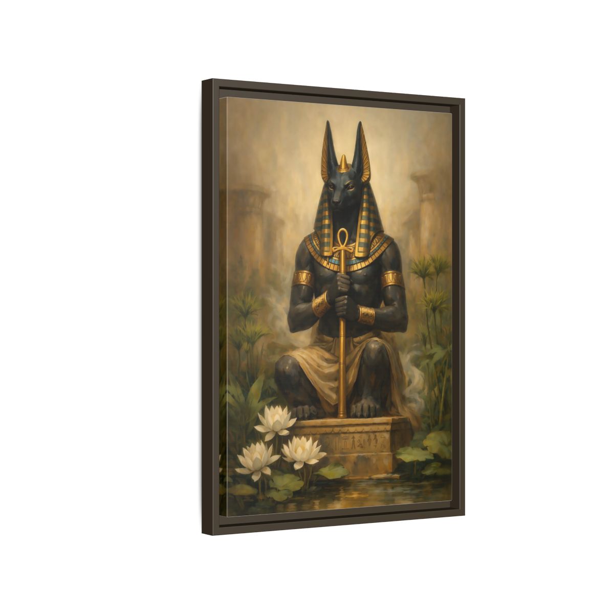 Side Mockup 2. Vintage Anubis Golden Anubis shown as stretched canvas wall art