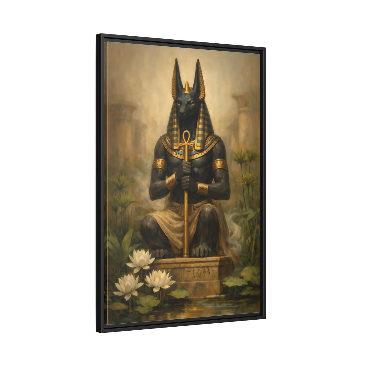 Side Mockup 13. Vintage Anubis Golden Anubis shown as stretched canvas wall art