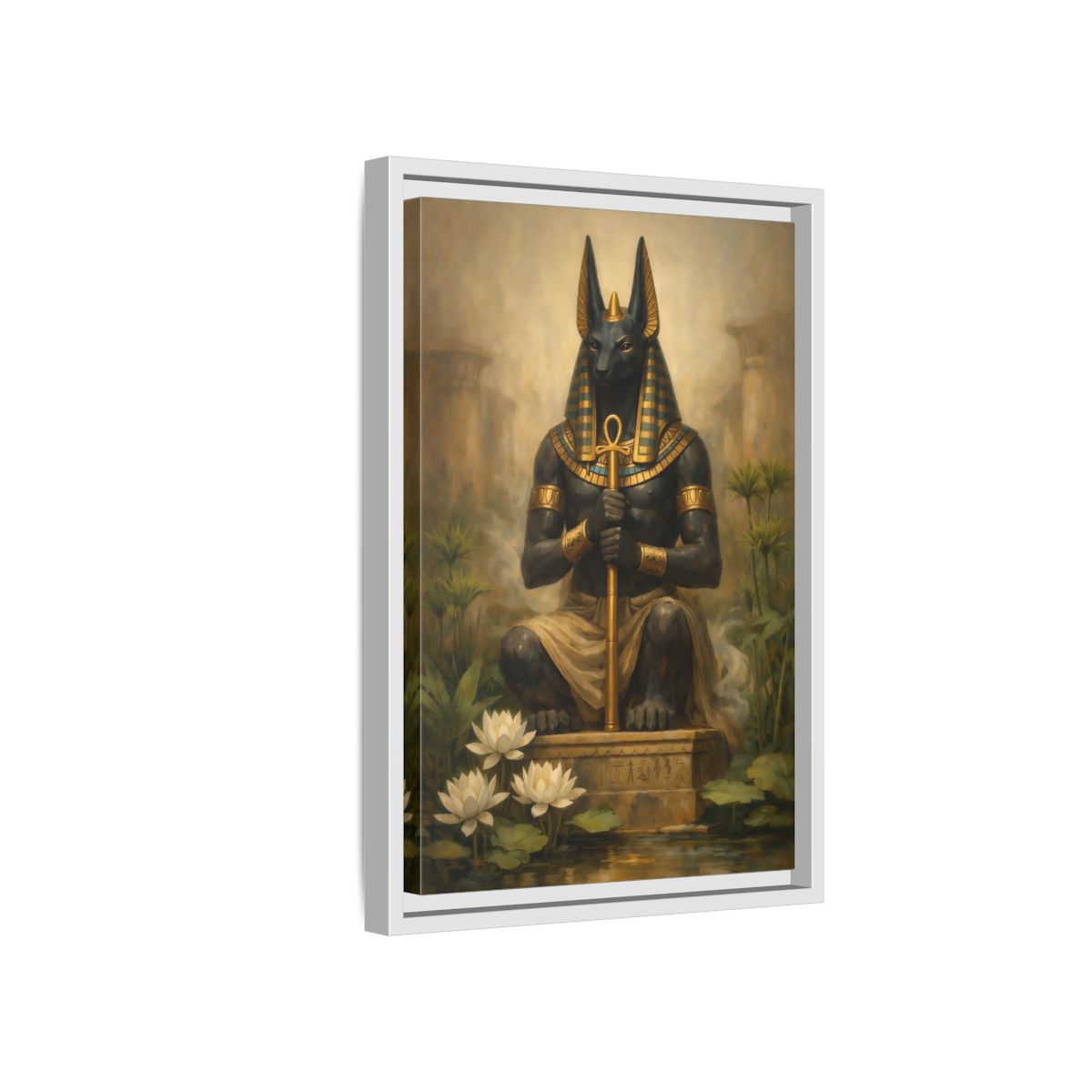 Side Mockup 4. Vintage Anubis Golden Anubis shown as stretched canvas wall art