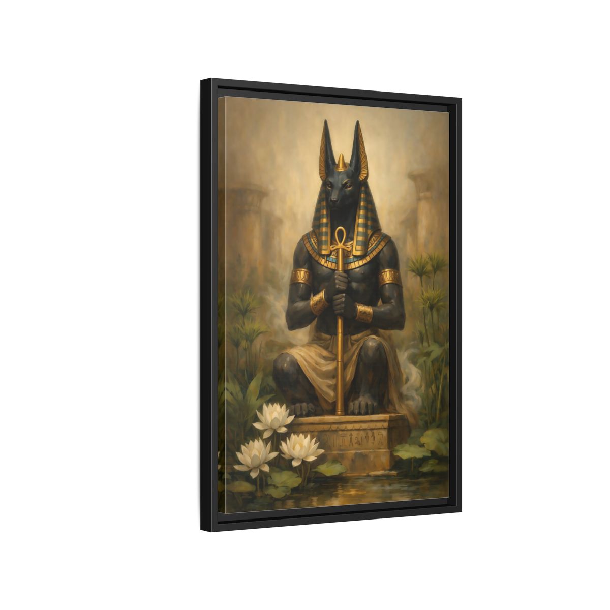 Side Mockup 3. Vintage Anubis Golden Anubis shown as stretched canvas wall art