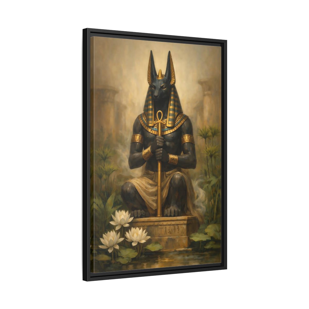 Side Mockup 14. Vintage Anubis Golden Anubis shown as stretched canvas wall art