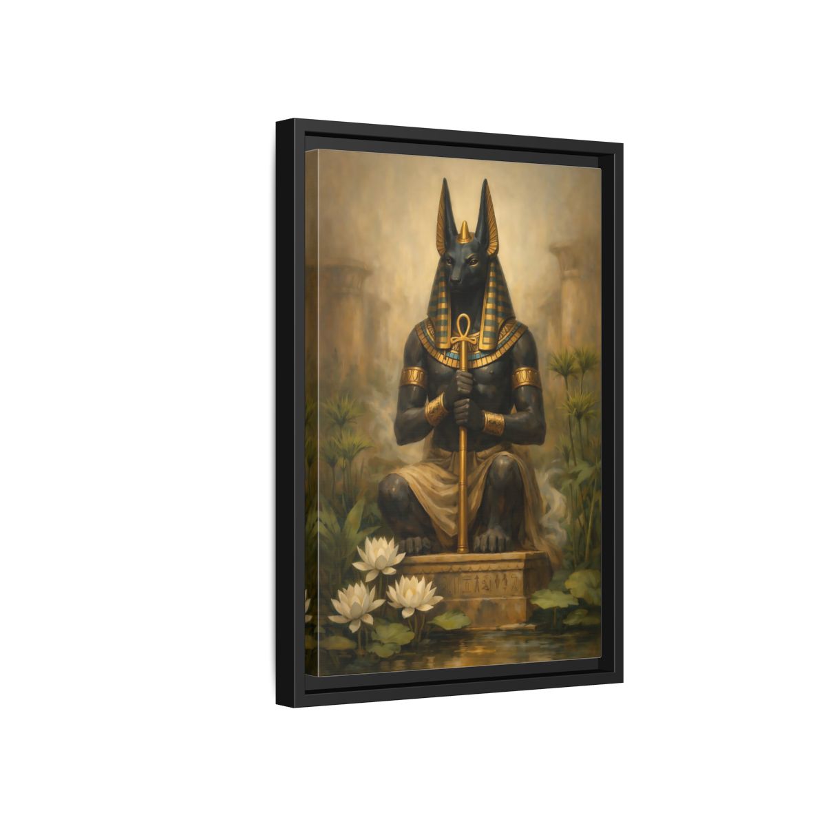 Side Mockup 6. Vintage Anubis Golden Anubis shown as stretched canvas wall art