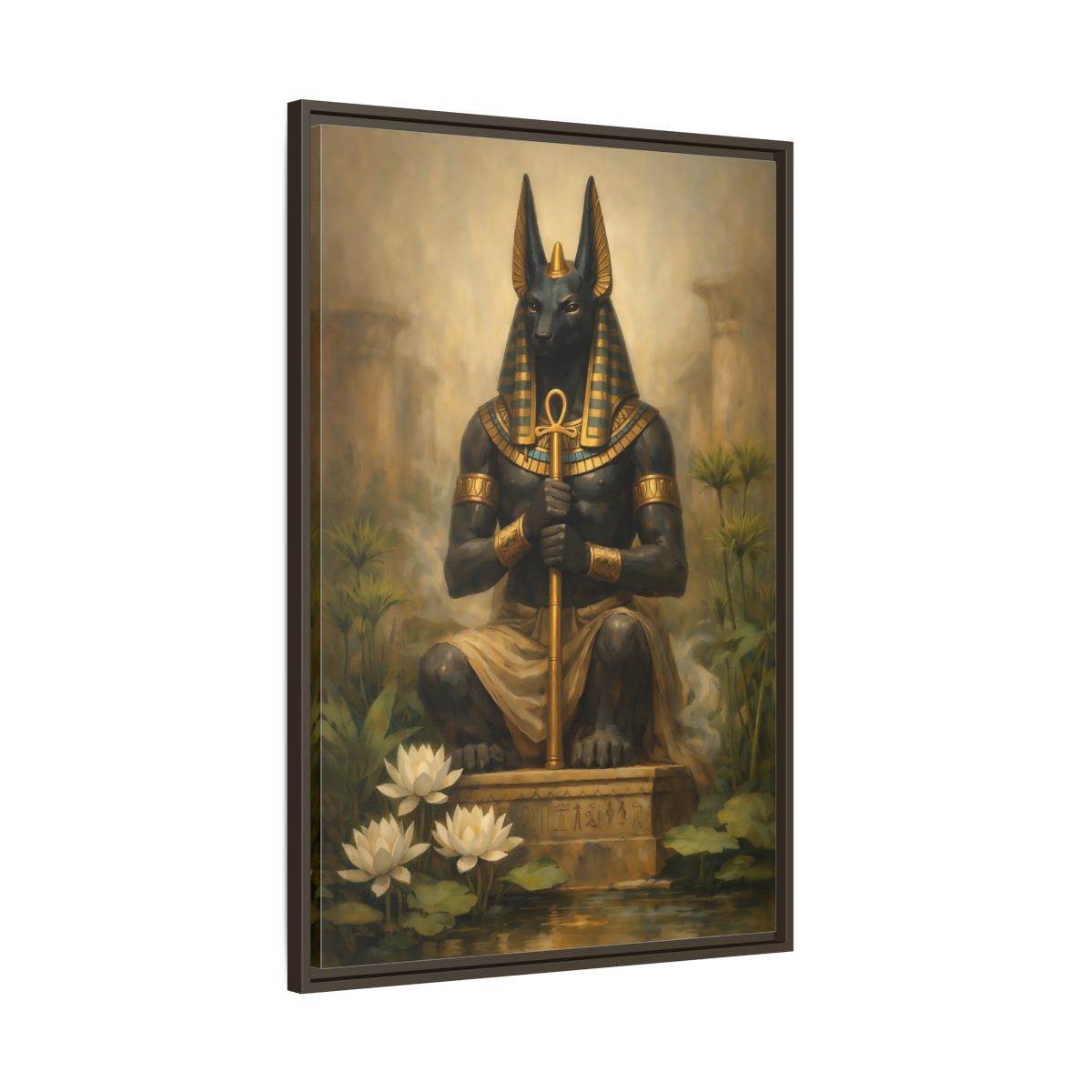 Side Mockup 10. Vintage Anubis Golden Anubis shown as stretched canvas wall art