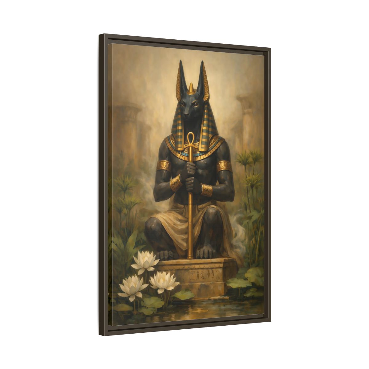 Side Mockup 12. Vintage Anubis Golden Anubis shown as stretched canvas wall art