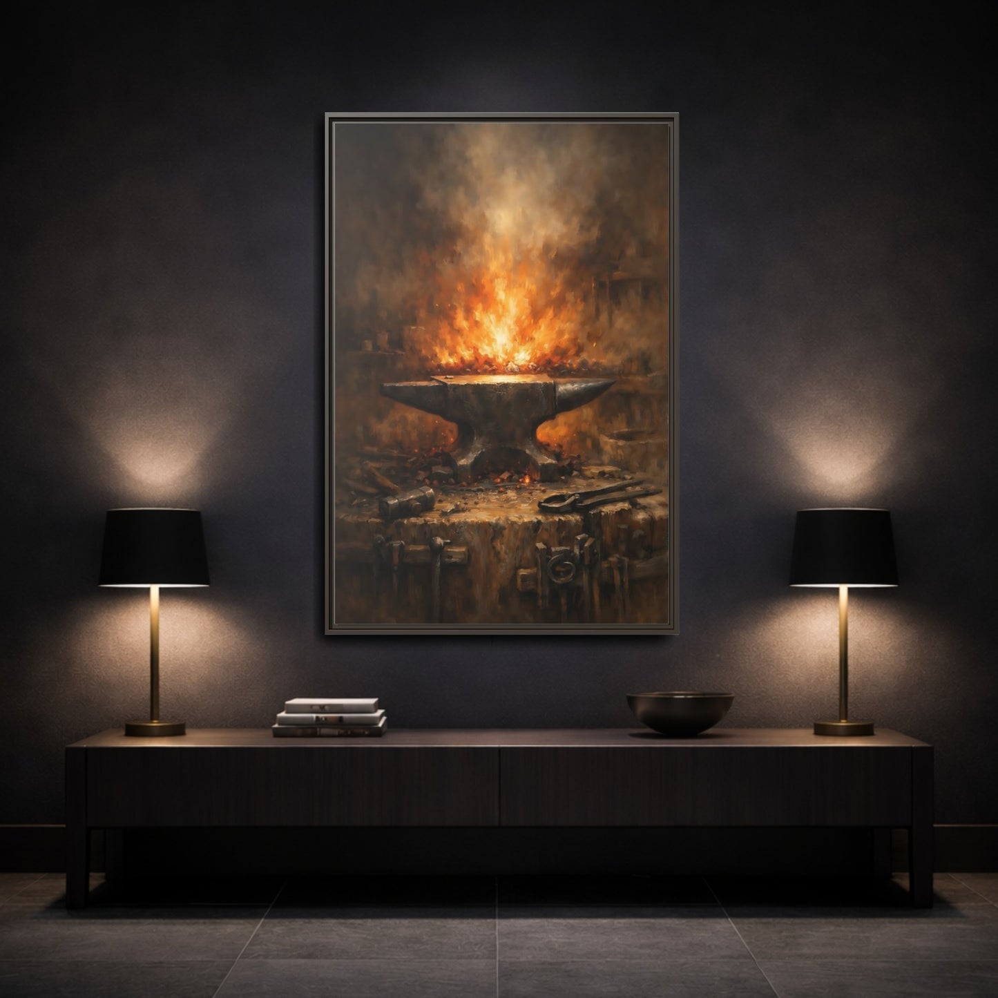 Mockup 2. Vintage Anvil Fiery Anvil Forge shown as stretched canvas wall art