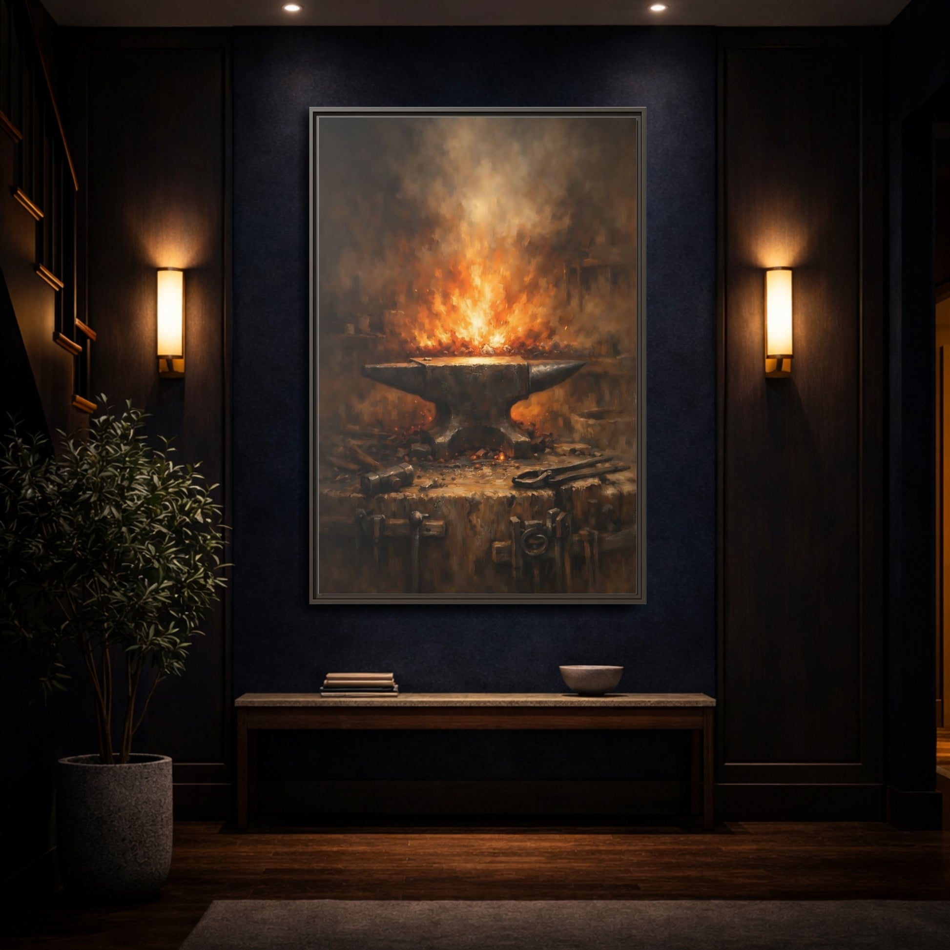Mockup 3. Vintage Anvil Fiery Anvil Forge shown as stretched canvas wall art