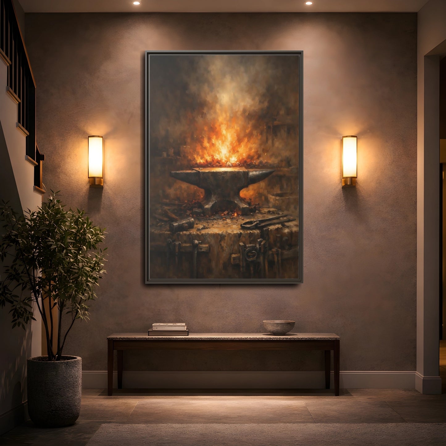 Mockup 4. Vintage Anvil Fiery Anvil Forge shown as stretched canvas wall art