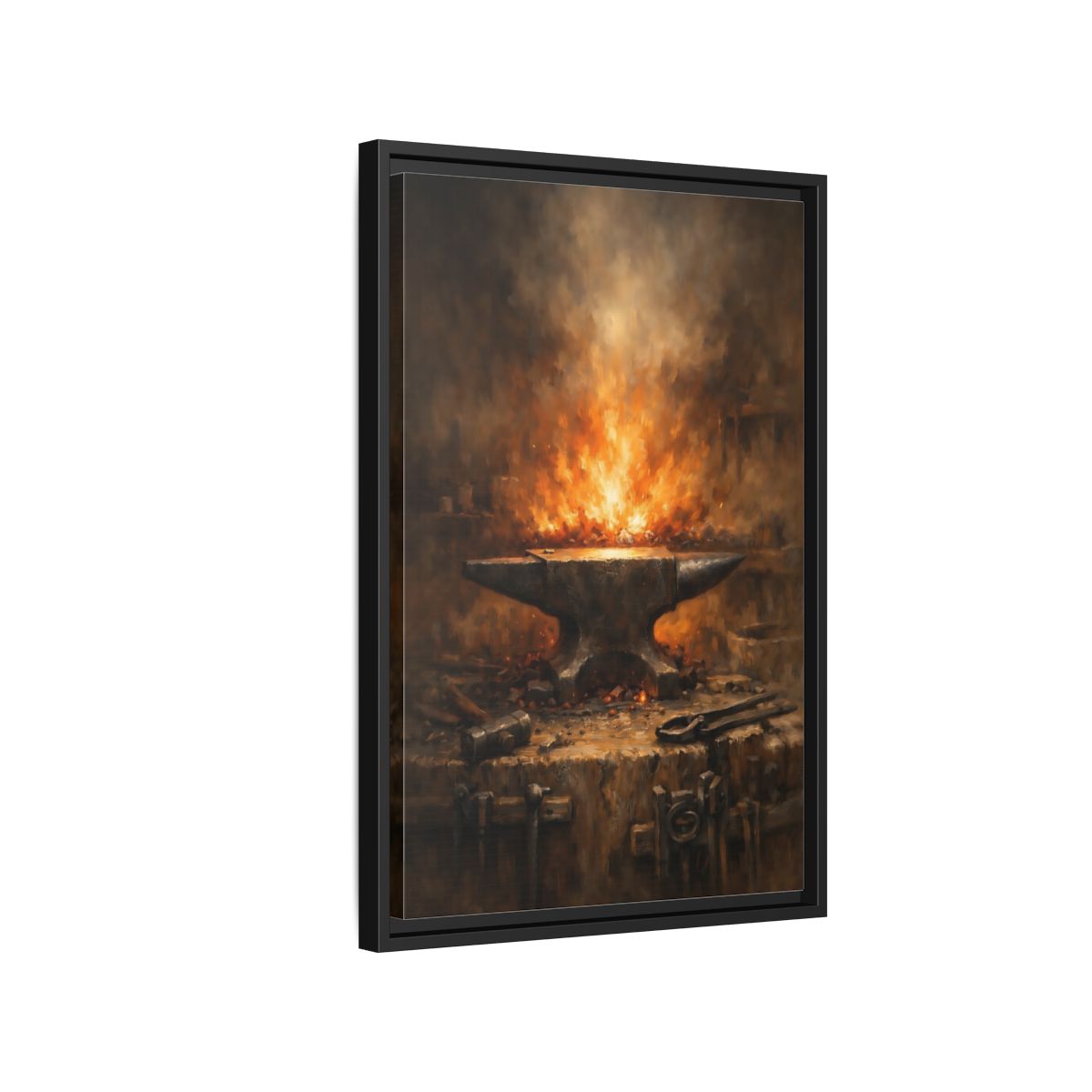 Side Mockup 3. Vintage Anvil Fiery Anvil Forge shown as stretched canvas wall art