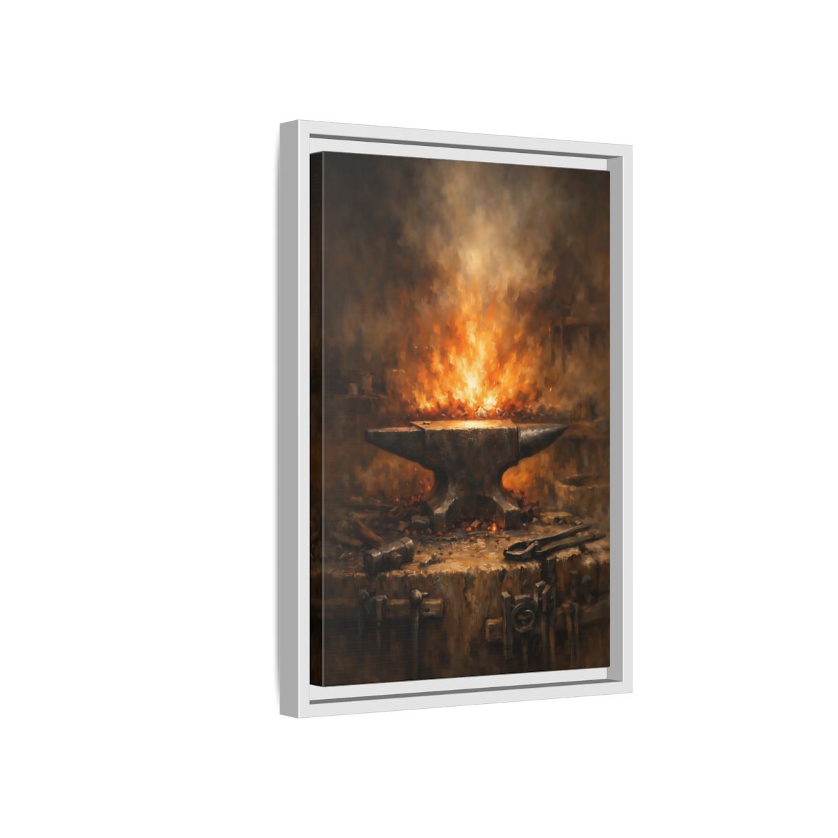 Side Mockup 4. Vintage Anvil Fiery Anvil Forge shown as stretched canvas wall art