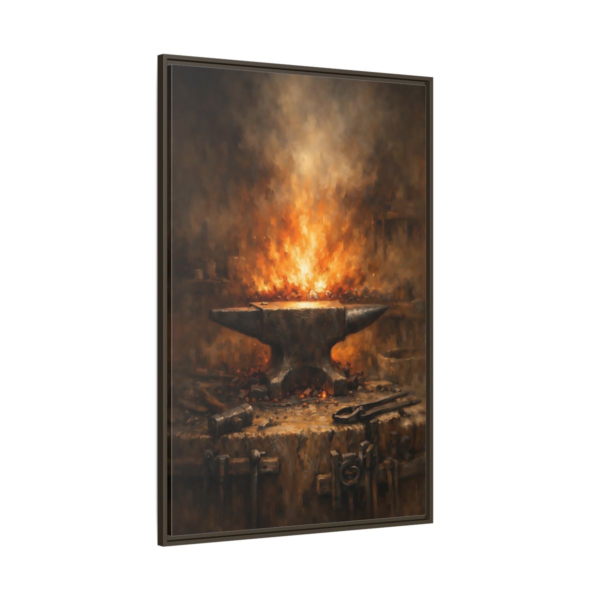Side Mockup 8. Vintage Anvil Fiery Anvil Forge shown as stretched canvas wall art