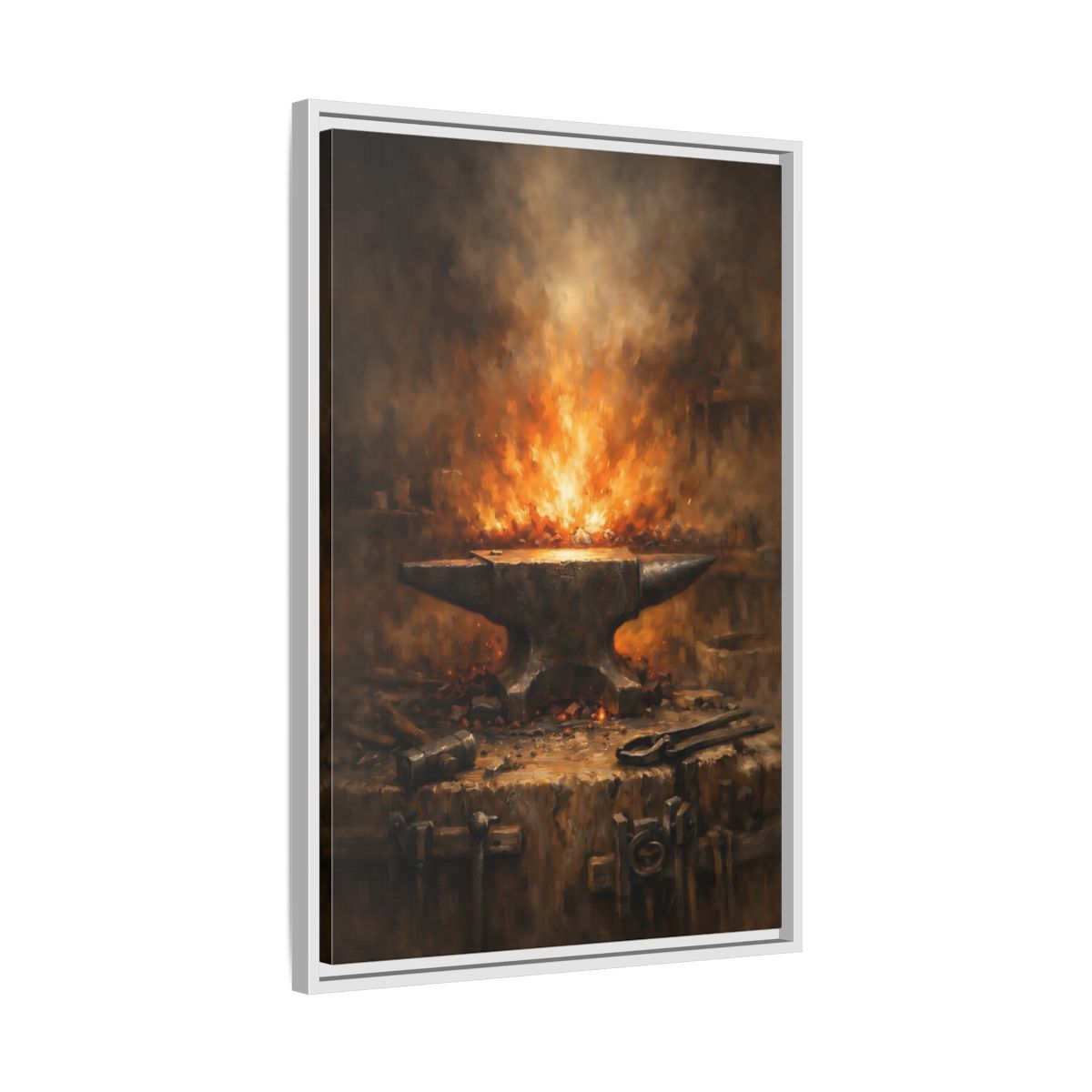 Side Mockup 11. Vintage Anvil Fiery Anvil Forge shown as stretched canvas wall art