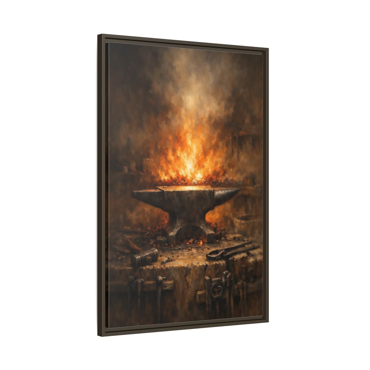Side Mockup 10. Vintage Anvil Fiery Anvil Forge shown as stretched canvas wall art