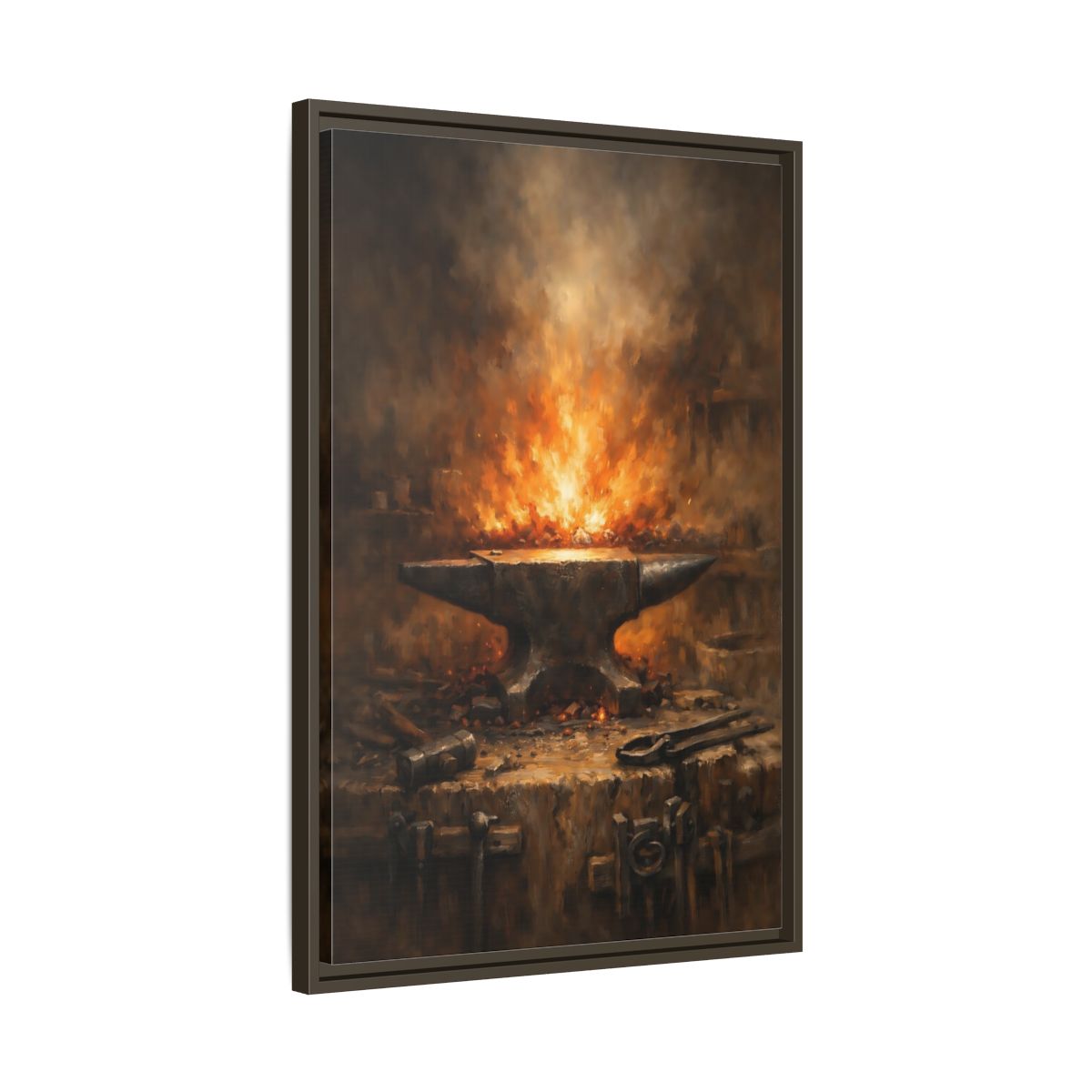 Side Mockup 12. Vintage Anvil Fiery Anvil Forge shown as stretched canvas wall art